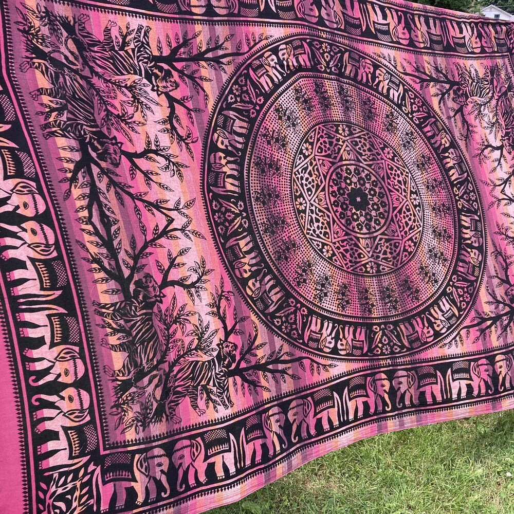 VTG 90s India Elephant Tapestry 100% Cotton 66" X 108" Twin Bed Boho